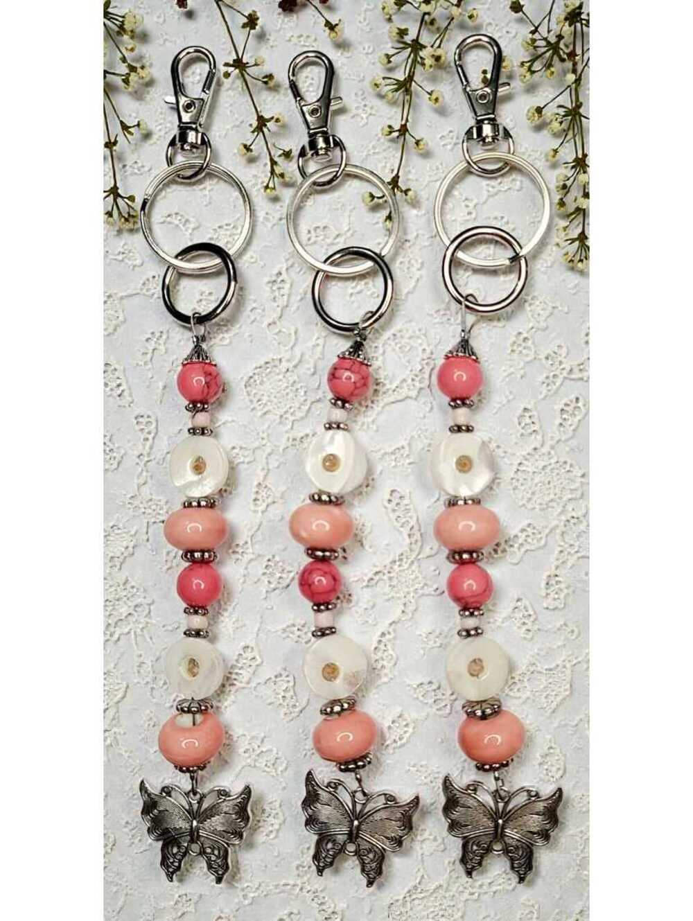 Beaded Keychain Purse Charm: Coral Hues, Shells & Butterfly Accent